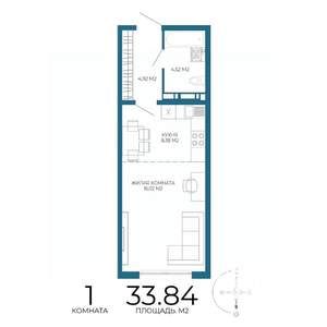 1-к квартира, строящийся дом, 34м2, 12/17 этаж